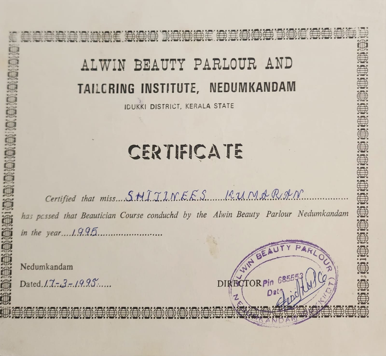Alwin Beauty Parlour & Tailoring Institute &ndash; Beautician Course (1995)