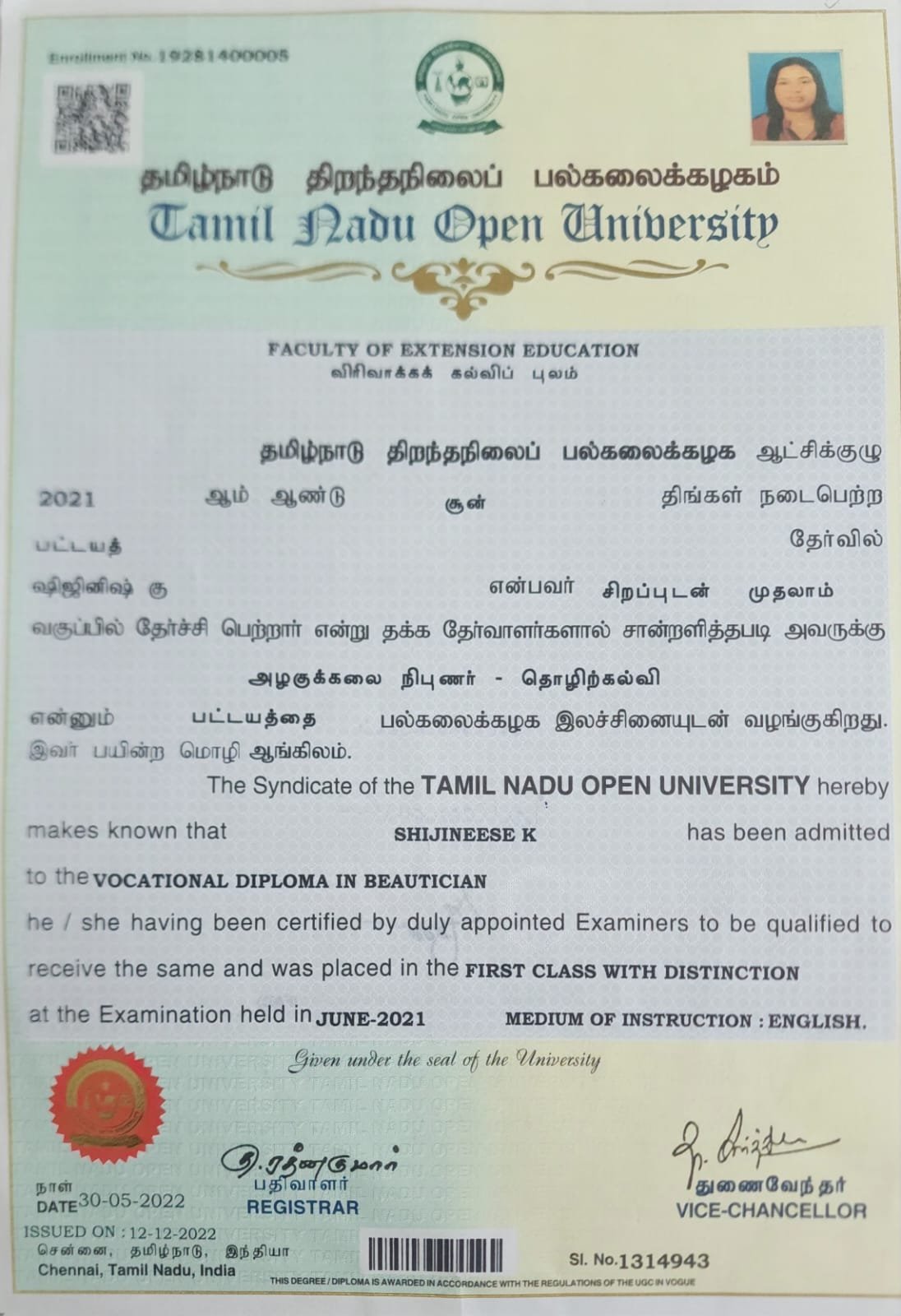 Tamil Nadu Open University &ndash; Vocational Diploma in Beautician